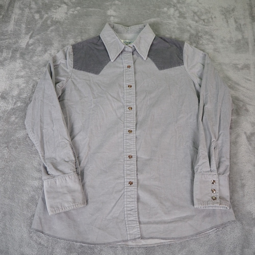 VTG Wrangler Women's Western Shirt Sz 38 Corduroy Pearl Snap Made in USA Gray